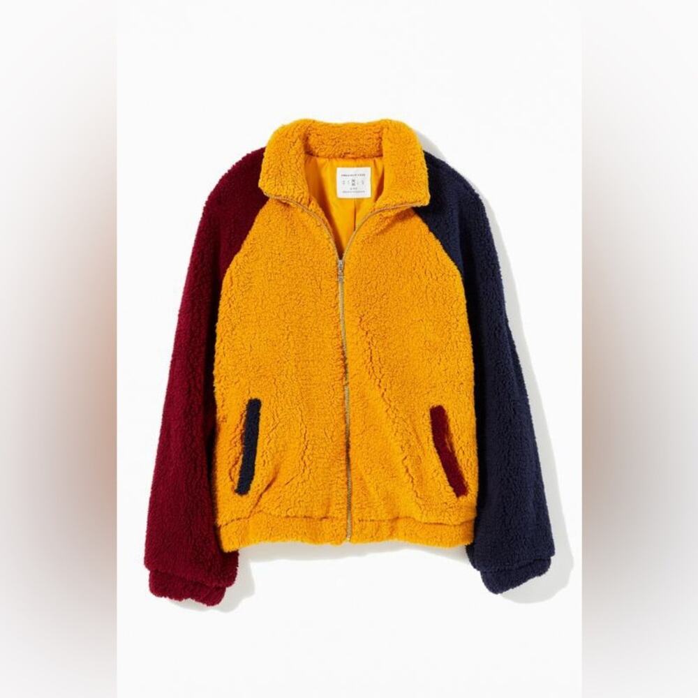 Urban Outfitters Colorblock Sherpa Fleece Jacket Mustard Navy Burgundy Men's L